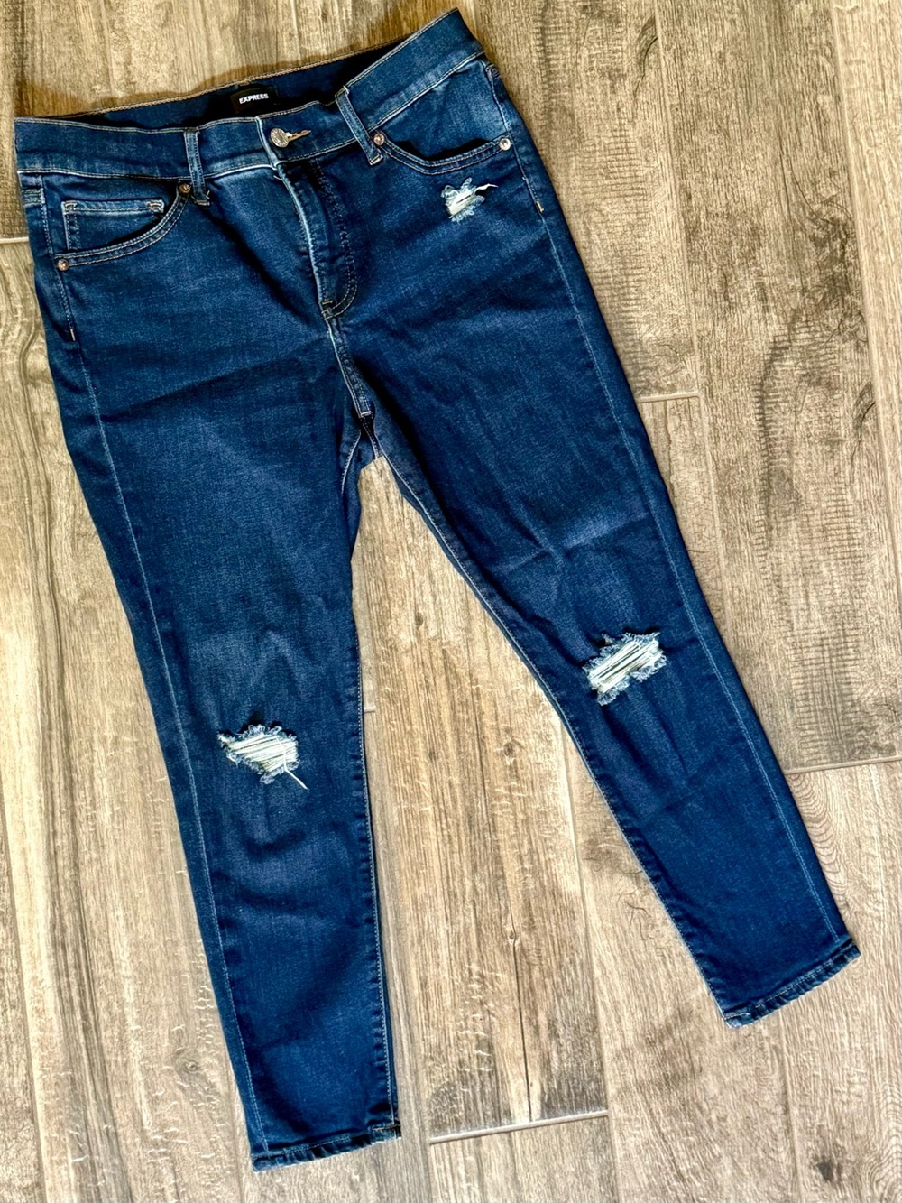 Express Mid Rise Dark Wash Ripped Skinny Jeans